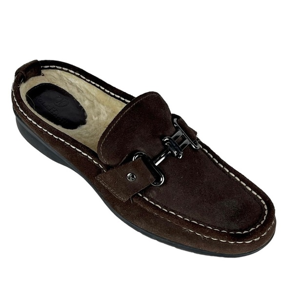 COLE HAAN D20693 BROWN SUEDE SHEEPSKIN LINED RUBBER WATERPROOF SOLE CLOG MULES - Picture 3 of 14